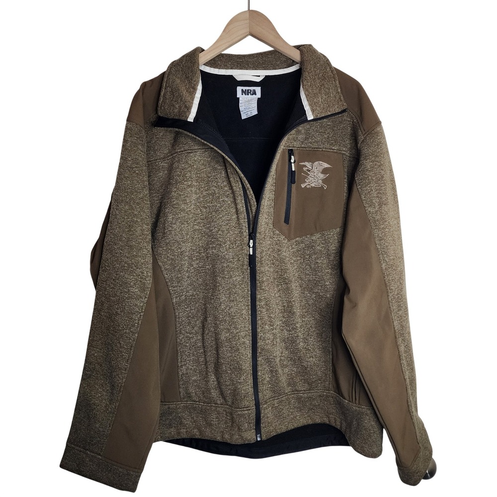 NRA Jacket Men 2XL Brown Full Zip Fleece Lined Softshell Eagle Logo RN102635